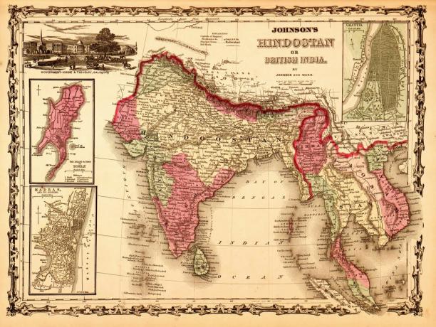 Mapa z roku 1862 ukazuje britské majetky v hinduostánu nebo v Indii.