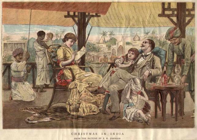 kolem roku 1900: Britská rodina slaví Vánoce v Indii.