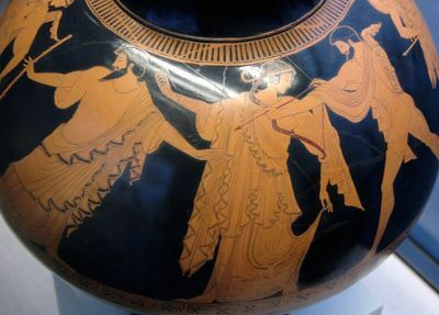 Idas a Marpessa jsou odděleny Zeusem. Podkrovní psíkter, c. 480 B. C., Pan Painter.
