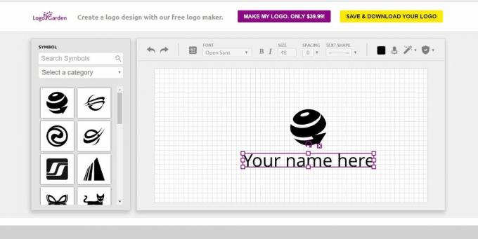 Screenshot bezplatného designového prostoru výrobce loga LogoGarden