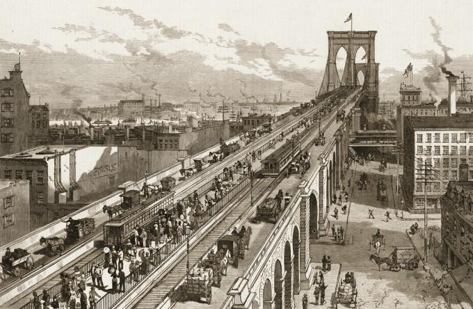 Ilustrace zobrazující chodník na Brooklynském mostě