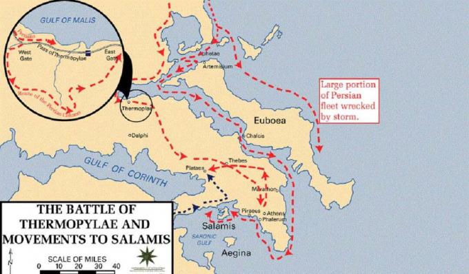 Mapa ukazující bitvu u Thermopylae.