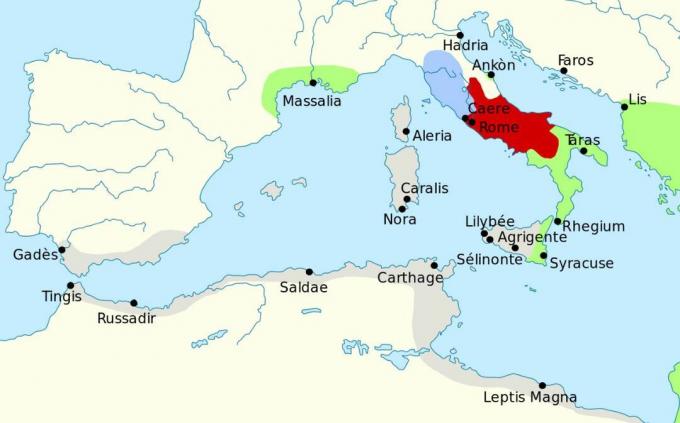 Mapa znázorňující oblast západního Středomoří v roce 279 B.C.