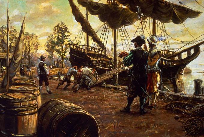 Osadníci srolovali sudy s tabákem po rampě a na loď v rámci přípravy na vývoz, Jamestown, Virginie, 1615.