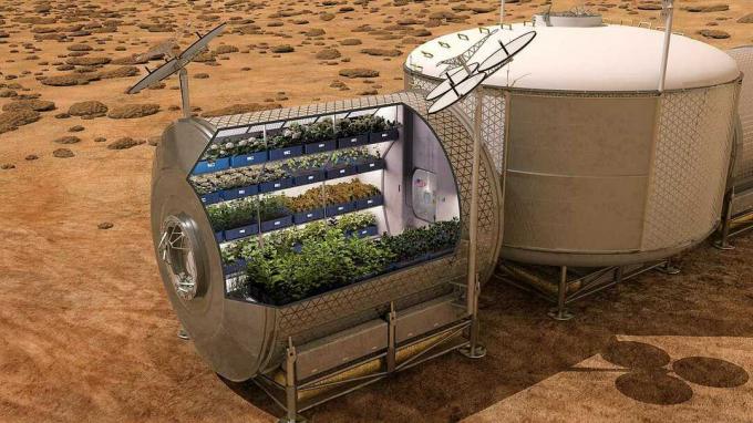 výroba potravin na Marsu v budoucnosti.