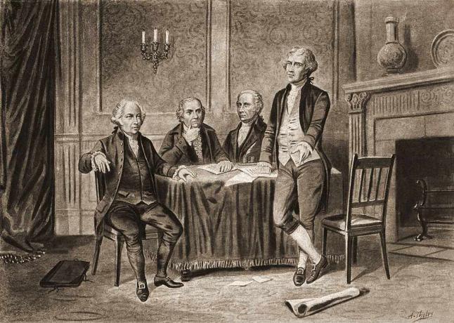 Ilustrace čtyř otců zakladatelů Spojených států zleva: John Adams, Robert Morris, Alexander Hamilton a Thomas Jefferson, 1774.