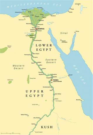 Historická mapa starověkého Egypta s nejdůležitějšími památkami, řekami a jezery. Ilustrace s anglickým označování a škálování.