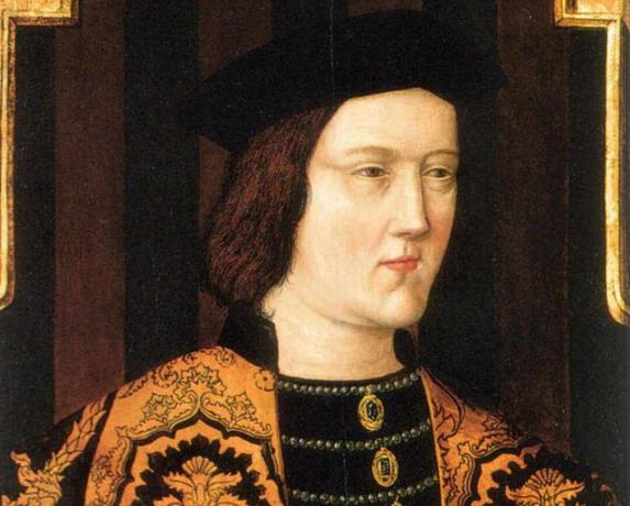 Portrét krále Edwarda IV v oranžové šaty a černý klobouk.