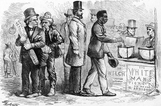 Březen 1867, politická karikatura Harper's Weekly od amerického karikaturisty Thomase Nasta, zobrazující Afroameričana muž vhazující svůj hlas do urny během voleb v Georgetownu jako Andrew Jackson a další rozzlobeně.