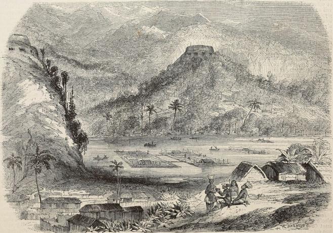 Chinampa nebo plovoucí zahrady, Mexiko (1860 ilustrace)