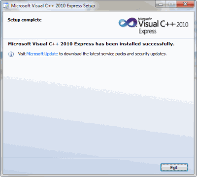Visual C ++ 2010 Express byl úspěšně nainstalován