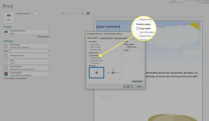 Snímek obrazovky aplikace Publisher s pokročilým nastavením výstupu se zvýrazněnou možností Ořezové značky