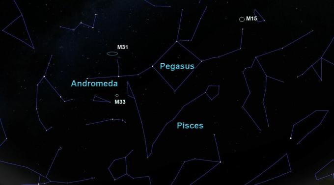 souhvězdí Pegasus se svými sousedy a některé objekty hluboké oblohy.
