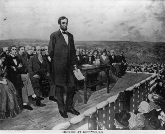 Abraham Lincoln, 16. prezident Spojených států amerických, pronesl svůj slavný projev „Gettysburg Address“, 19. listopadu 1863.
