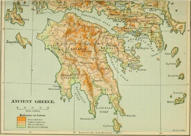 Mapa starověkého Řecka ukazuje hlavní města a regiony.