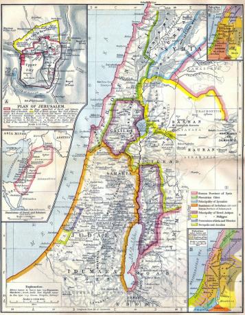 Mapa starověké Palestiny s vložkami zobrazujícími Jeruzalém a nadvlády Davida, Šalamouna, Joshua a soudců