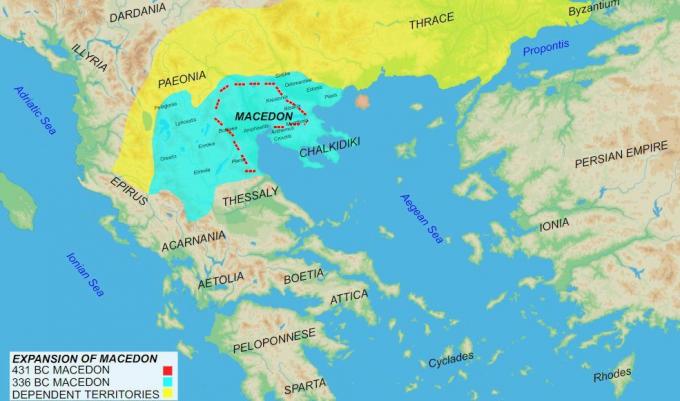 Mapa Makedonské říše ukazující historii a růst.