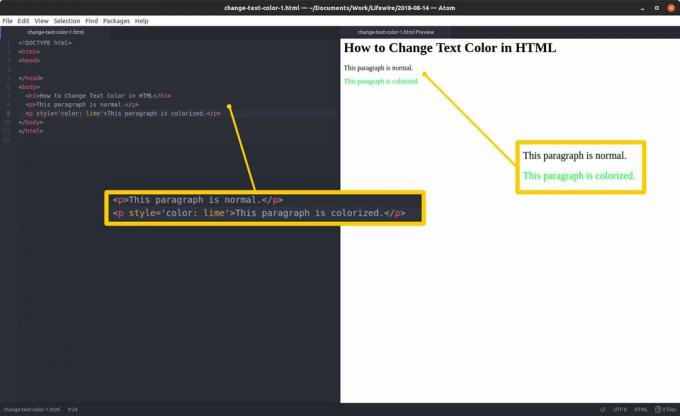 Editor kódu s HTML a zvýrazněnými částmi vlevo a HTML náhledem a zvýrazněnými výsledky vpravo