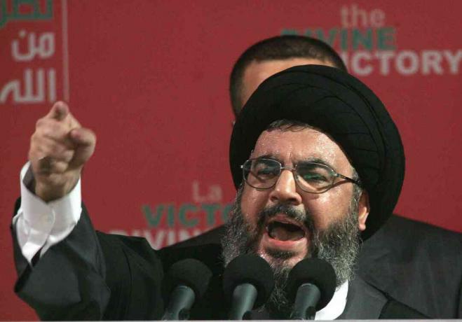 Vůdce Hizballáhu Sayyed Hassan Nasrallah hovoří na shromáždění 22. září 2006 v libanonském Bejrútu.