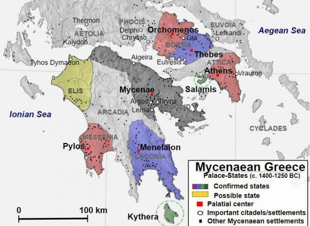 Mapa ukazující mykénské Řecko od 1400 do 1250 B.C.