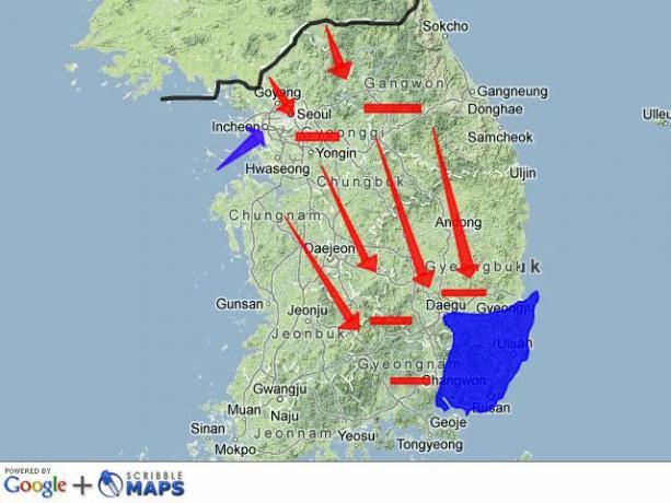 Mapa Pusan a invaze Inchonu, korejská válka, 1950