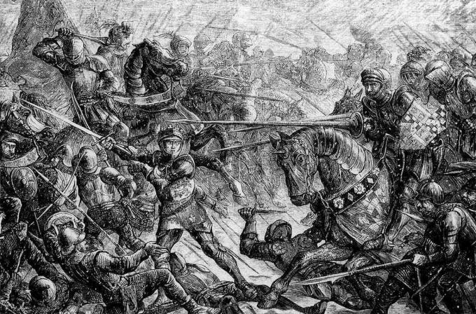 Rytí rytíři bojují na koni v bitvě o Towton.
