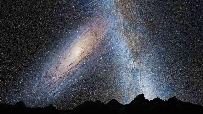 Andromeda a Mléčná dráha se srazí, jak je vidět z povrchu planety uvnitř naší galaxie.