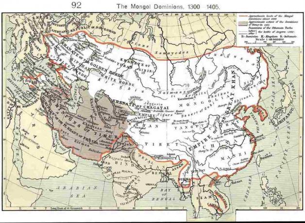 Mapa zobrazující mongolská nadvláda kolem 1300 až 1405.