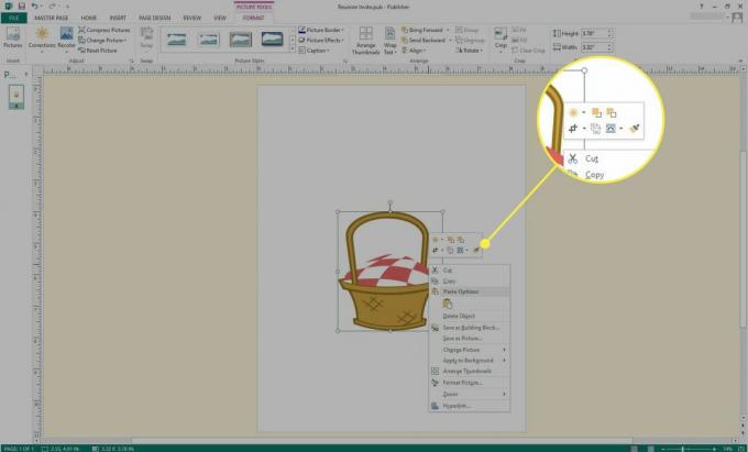 Snímek obrazovky aplikace Microsoft Publisher se zvýrazněnými možnostmi obrázku
