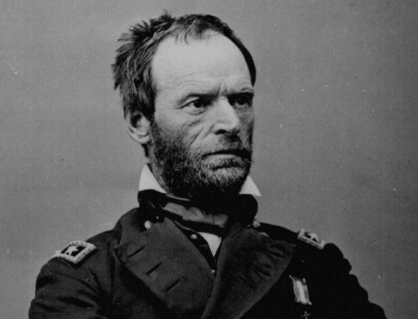 Generálmajor William T. Sherman seděl v modré uniformě armády Unie.
