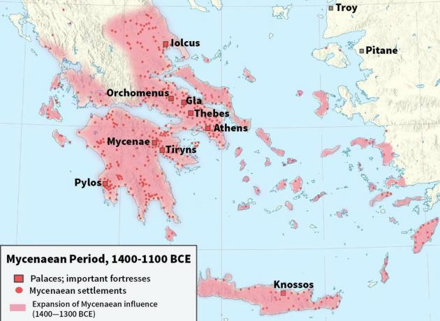 Mapa ukazující mykénskou civilizaci v letech 1400 až 1100 před naším letopočtem.