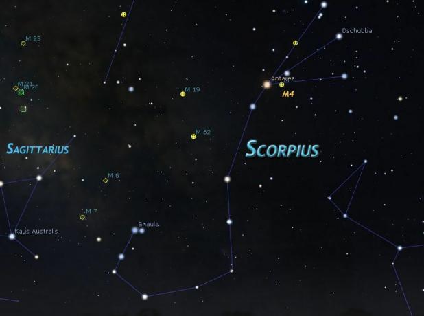 Hluboké oblohy v Scorpius a poblíž Střelce.
