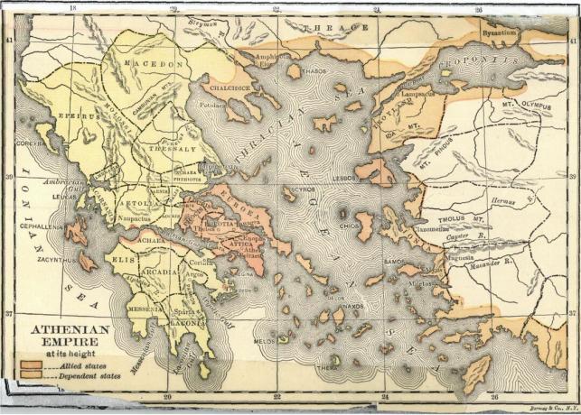 Mapa Athénské říše ve své výšce.