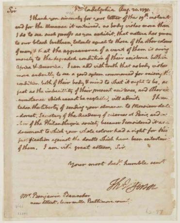 Dopis Thomase Jeffersona z roku 1791 Benjaminovi Bannekerovi