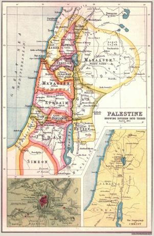 Mapa Palestiny, ukazující území dvanácti izraelských kmenů s vložkami Jeruzaléma a 