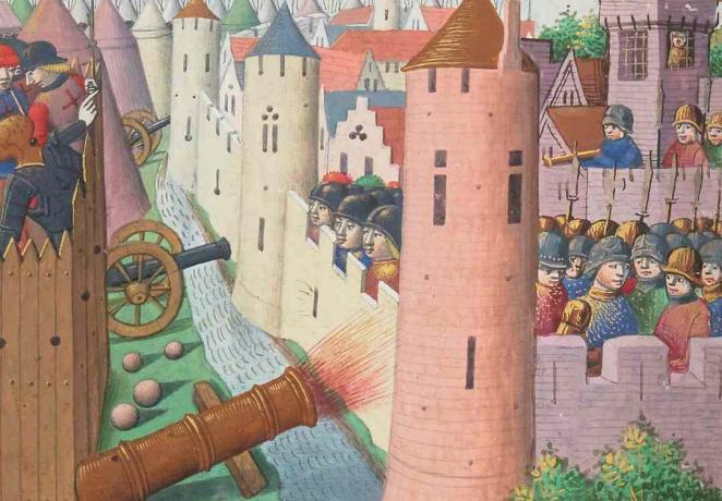 Středověké lákadlo dřevěné pevnosti přes městské hradby s hrabětem z Salisbury.