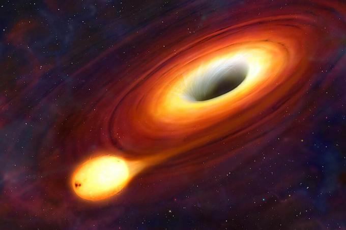 Černá díra je objekt tak kompaktní, že z gravitačního tahu nemůže uniknout nic. Ani světlo. Na Zemi musí být vypuštěn objekt rychlostí 11 km / s, pokud má uniknout gravitaci planety a jít na oběžné dráze. Úniková rychlost černé díry však převyšuje rychlost světla. Protože nic nemůže cestovat rychleji, než je tato maximální rychlost, černé díry nasávají všechno včetně světla, což je činí naprosto tmavé a neviditelné. Na tomto obrázku vidíme černou díru, ale pouze proto, že je obklopena přehřátým diskem materiálu, diskrétním diskem. Čím blíže k díře se materiál dostane, tím více jeho světla je zachyceno, a proto díra ztmavuje směrem ke středu.