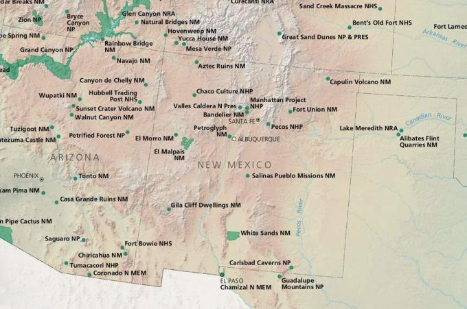 Mapa národních parků v Novém Mexiku