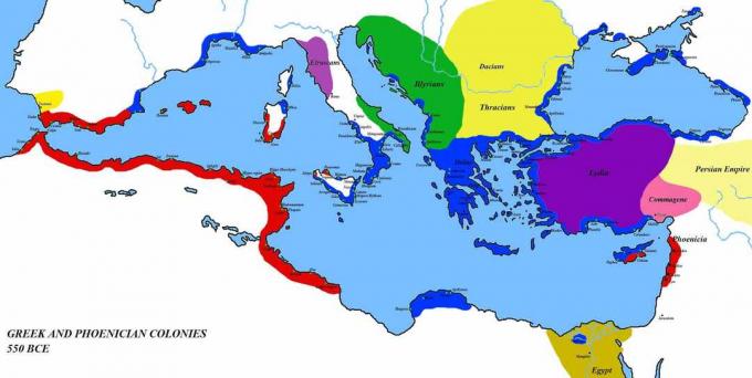 Mapa znázorňující řecké a fénické osady v 550 B.C.