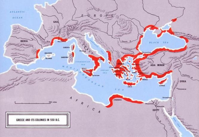 Mapa znázorňující Řecko a jeho kolonie v 550 ° C.