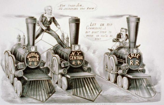 Ilustrace Cornelius Vanderbilt a Jim Fisk soutěží o kontrolu železnic.