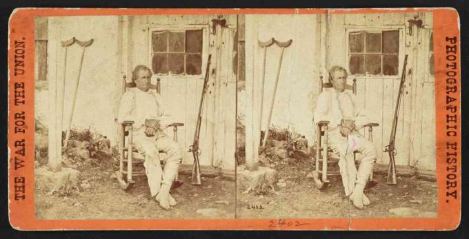 Gettysburg hrdina civilista John Burns fotografoval Mathew Brady líčil na stereoview kartě.