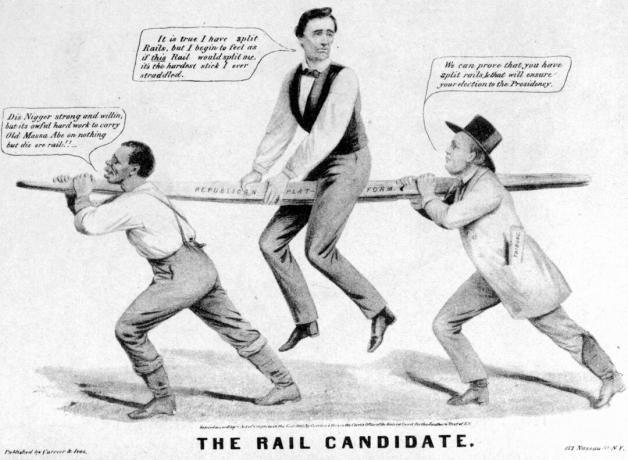 Lincoln byl zobrazen jako kandidát na železnici v politické karikatuře.