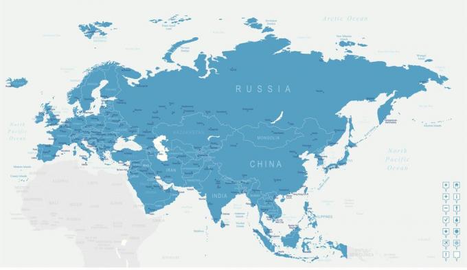 Digitální mapa mapy Eurasie.