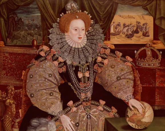 Elizabeth I je vyobrazena v Armada Portrait, c.1588