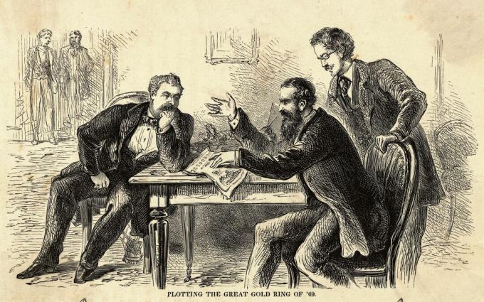 James Fisk (vlevo) a Jay Gould (sedící vpravo) vykreslují Velký zlatý prsten z roku 1869. Rytina.