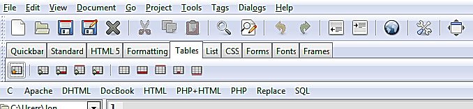 Používání panelu nástrojů HTML v Bluefish