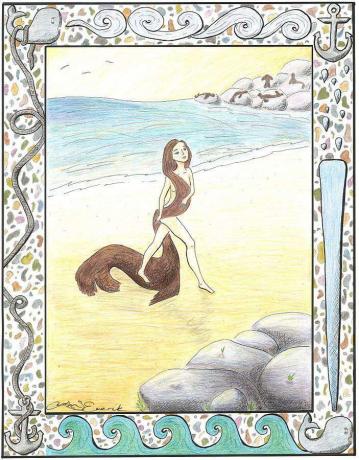 Selkie žena vychází z moře a shodí svou tulení kůži.