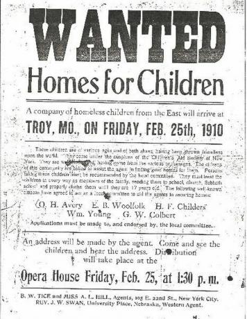 Leták s nápisem „Wanted: Homes for Children“ z 25. února 1910