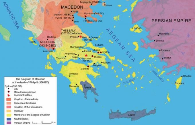 Mapa starověké egejské oblasti v roce 336 B.C.